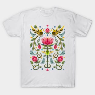 Beautiful Protea Flower with Sugar Bird and Green Beetle T-Shirt